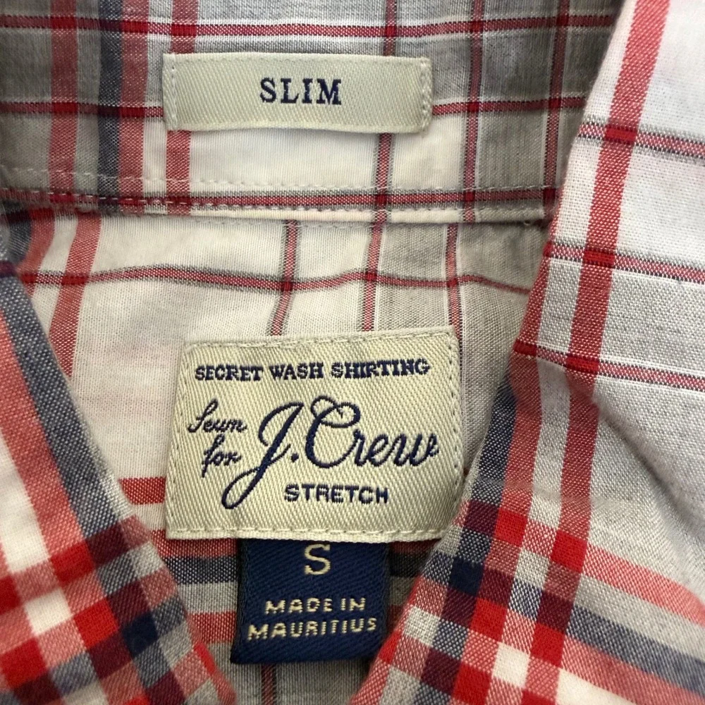 J.Crew‎ Shirt Mens Small Gray Red Plaid Slim Fit Stretch Button Down Long Sleeve